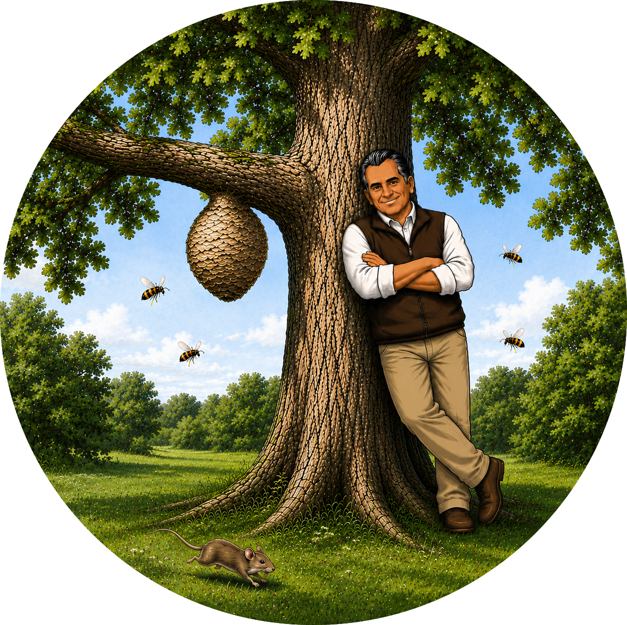 Dean leaning by a wasp nest as a playful hero visual